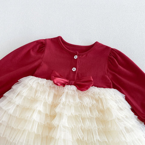 Baby Girl Contrast Bow Tiered Tulle Bodysuit Dress