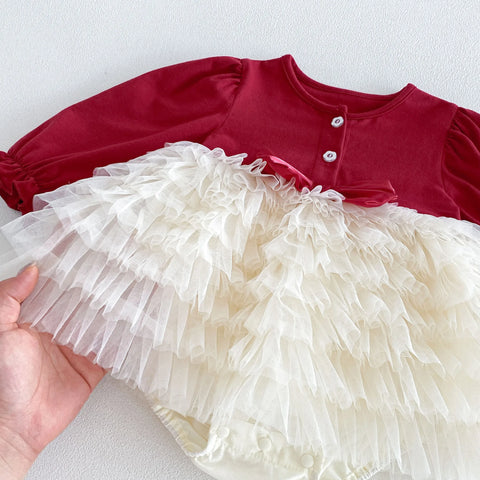 Baby Girl Contrast Bow Tiered Tulle Bodysuit Dress