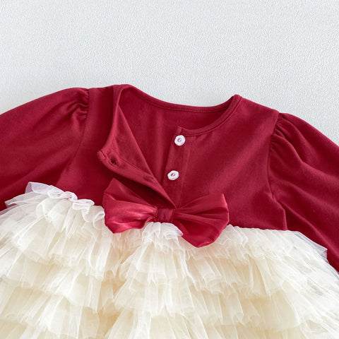 Baby Girl Contrast Bow Tiered Tulle Bodysuit Dress