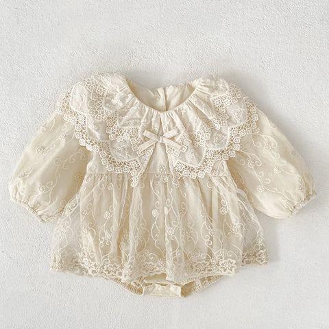 Baby Girl Floral Embroidered Lace Collar Bodysuit Dress