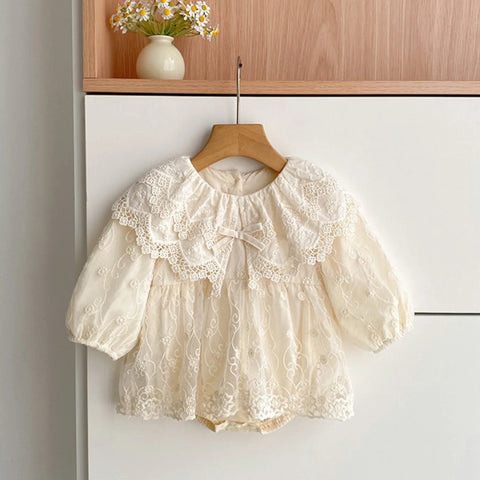 Baby Girl Floral Embroidered Lace Collar Bodysuit Dress