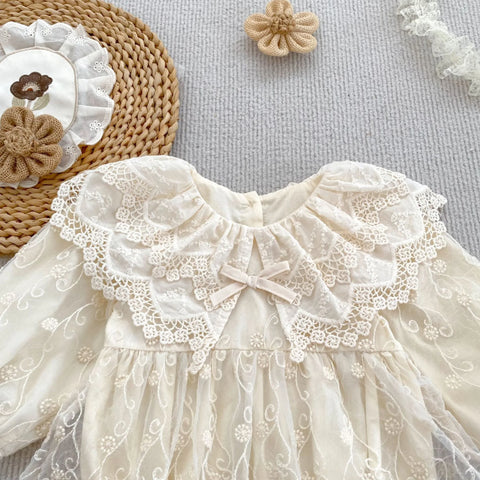 Baby Girl Floral Embroidered Lace Collar Bodysuit Dress