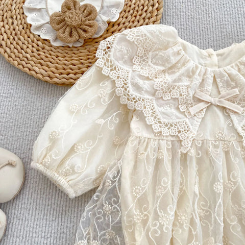 Baby Girl Floral Embroidered Lace Collar Bodysuit Dress