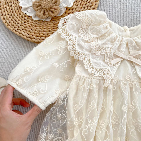 Baby Girl Floral Embroidered Lace Collar Bodysuit Dress