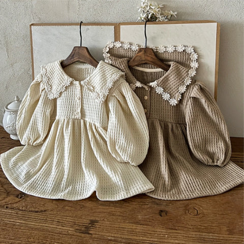 Baby Girl Daisy Lace Collar Waffle Knit Dress