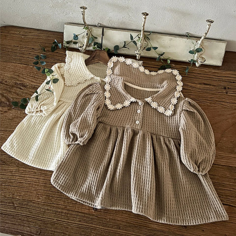 Baby Girl Daisy Lace Collar Waffle Knit Dress