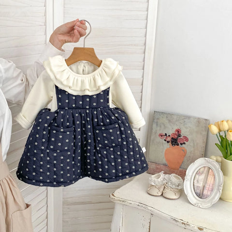 2 Pc Baby Girl Floral Quilted Pinafore Dress And Ruffle Collar Top Set