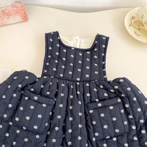 2 Pc Baby Girl Floral Quilted Pinafore Dress And Ruffle Collar Top Set