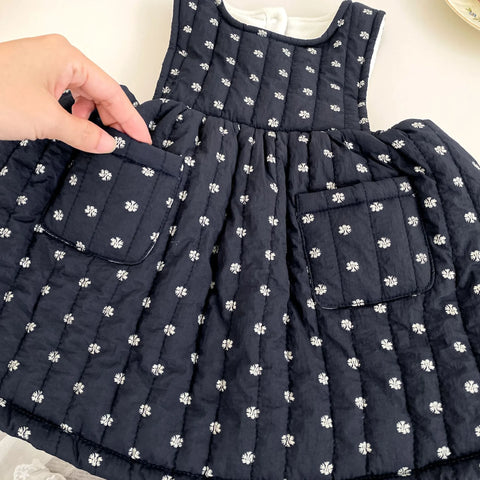 2 Pc Baby Girl Floral Quilted Pinafore Dress And Ruffle Collar Top Set
