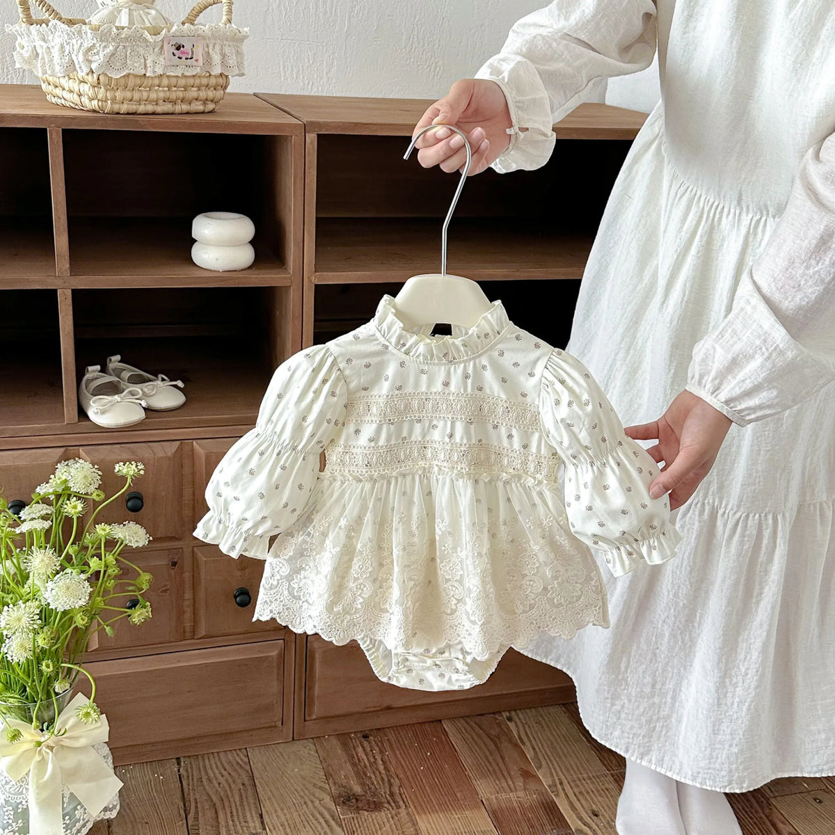 Baby Girl Floral Print Lace-Trim Bodysuit Dress