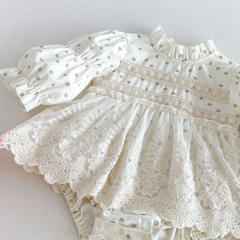 Baby Girl Floral Print Lace-Trim Bodysuit Dress
