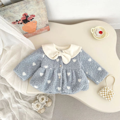 Baby Girl Fluffy Hearts Bow-Collar Jacket