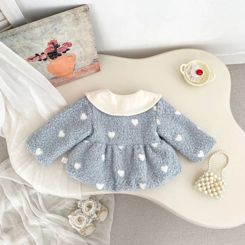Baby Girl Fluffy Hearts Bow-Collar Jacket
