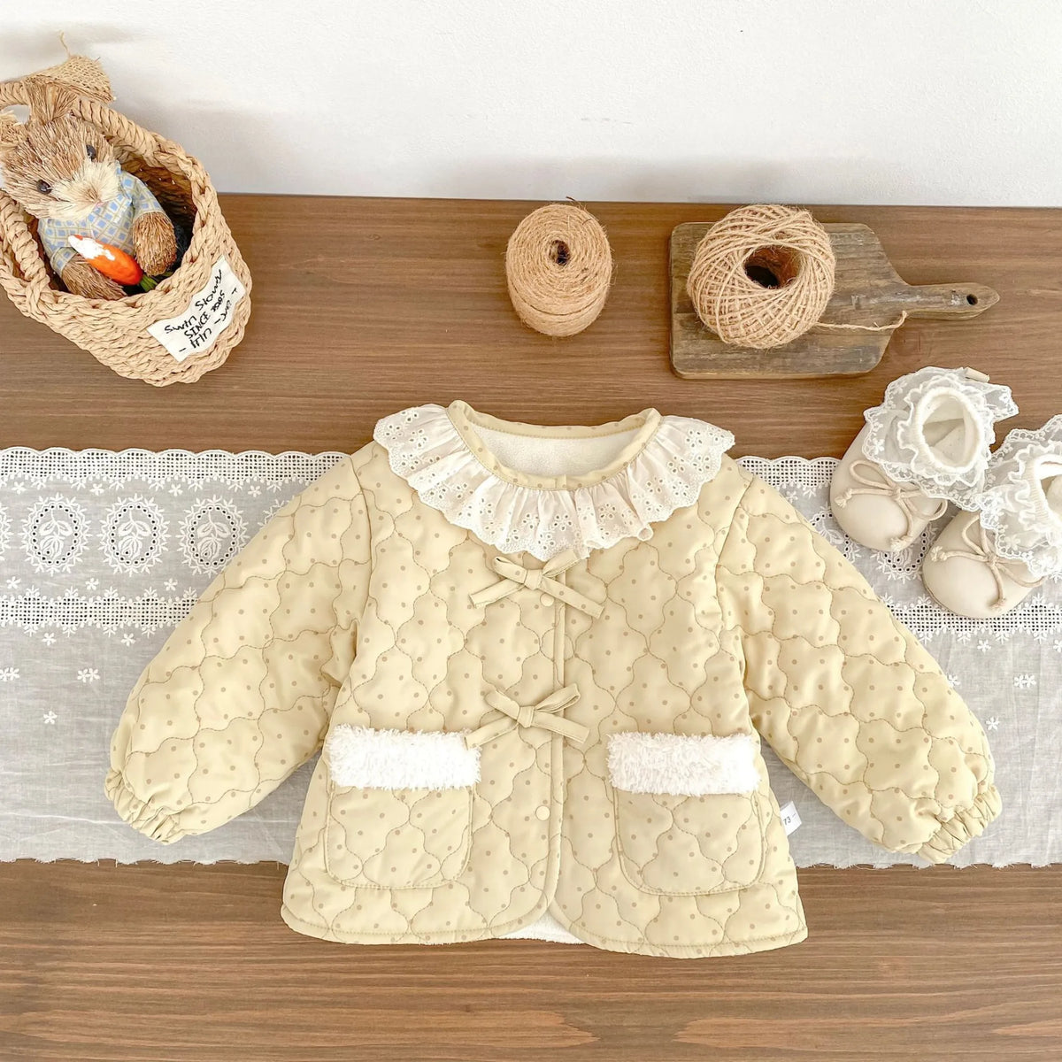 Baby Girl Quilted Dot Lace-Collar Coat
