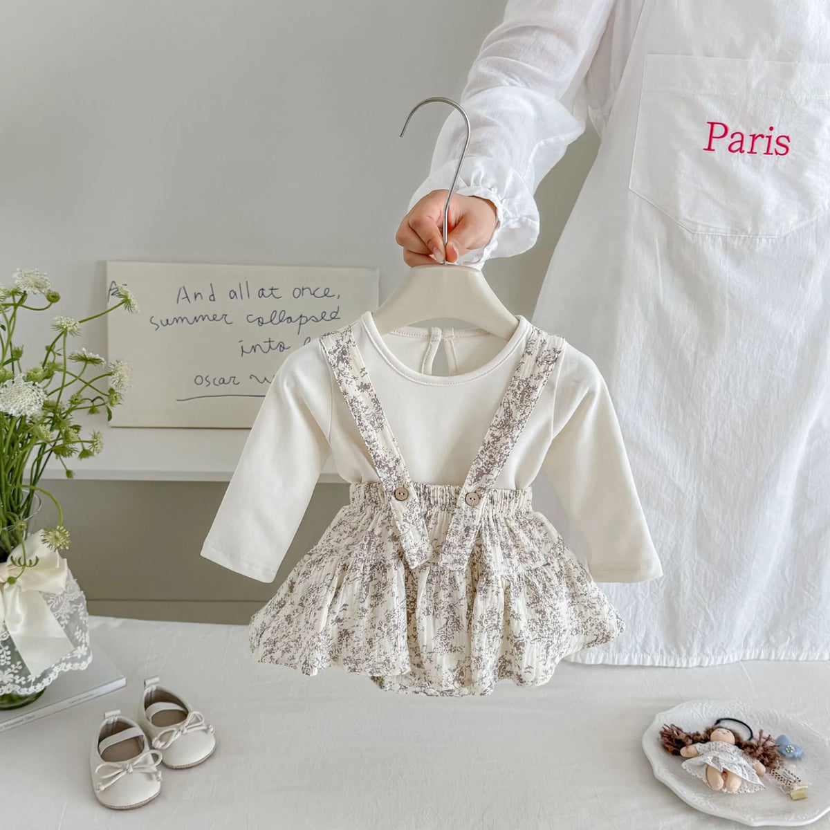 2 Pc Baby Girl Floral Pinafore Bubble Romper & Solid Top Set