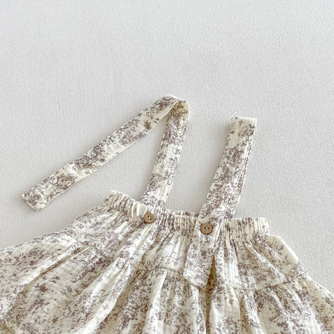 2 Pc Baby Girl Floral Pinafore Bubble Romper & Solid Top Set