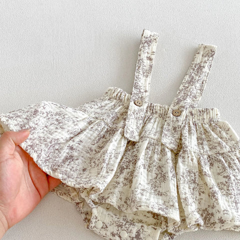 2 Pc Baby Girl Floral Pinafore Bubble Romper & Solid Top Set