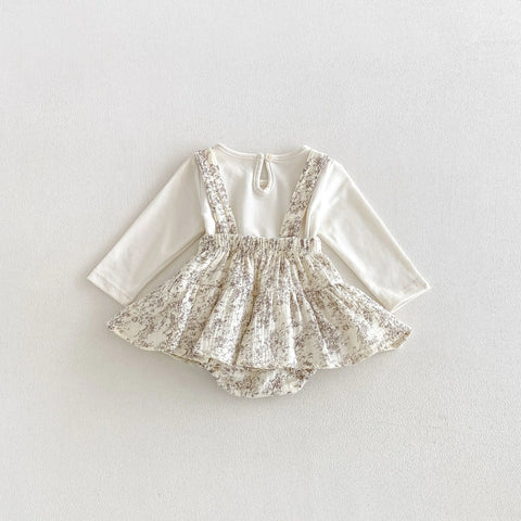 2 Pc Baby Girl Floral Pinafore Bubble Romper & Solid Top Set