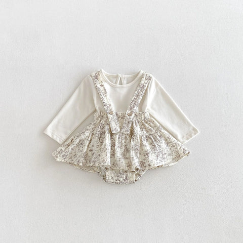 2 Pc Baby Girl Floral Pinafore Bubble Romper & Solid Top Set