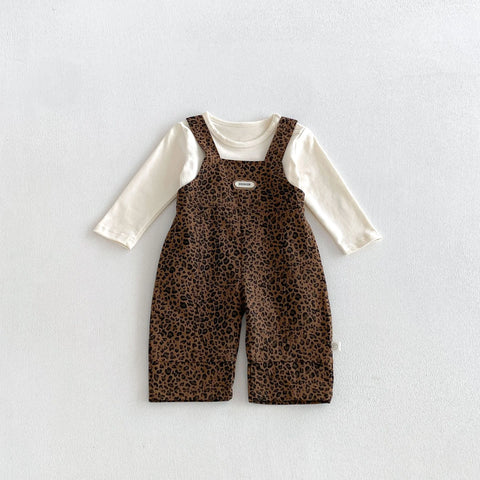 2 Pc Baby Girl Leopard Print Overalls & Solid Top Set
