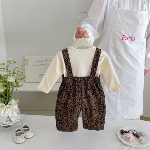 2 Pc Baby Girl Leopard Print Overalls & Solid Top Set