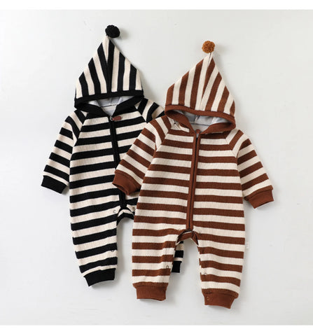 Baby Striped Knit Hooded Romper