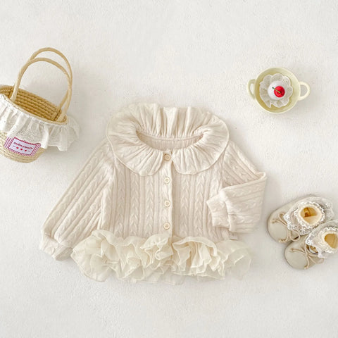Baby Girl Chiffon Ruffle Hem Cable Knit Cardigan