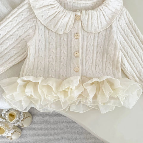 Baby Girl Chiffon Ruffle Hem Cable Knit Cardigan