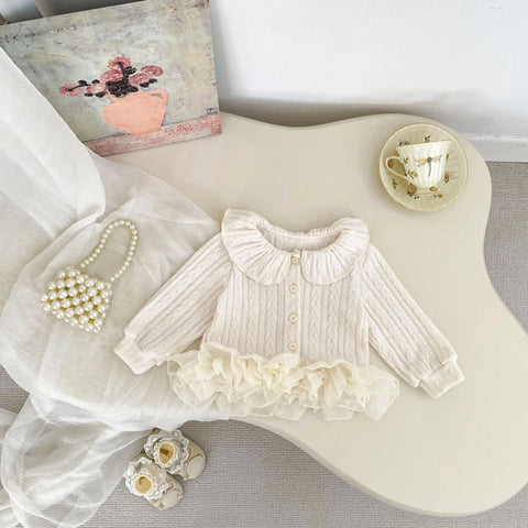 Baby Girl Chiffon Ruffle Hem Cable Knit Cardigan
