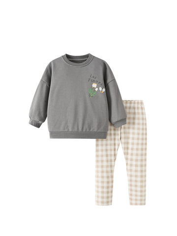 2 Pc Girls Floral Print Sweatshirt & Gingham Leggings Set