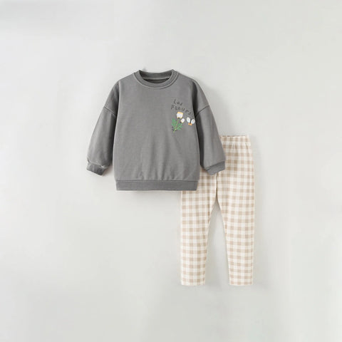 2 Pc Girls Floral Print Sweatshirt & Gingham Leggings Set