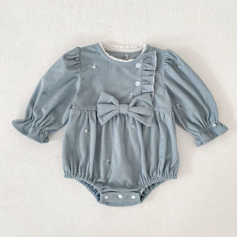 Baby Girl Floral Embroidered Ruffle Bow Bubble Romper