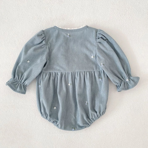 Baby Girl Floral Embroidered Ruffle Bow Bubble Romper