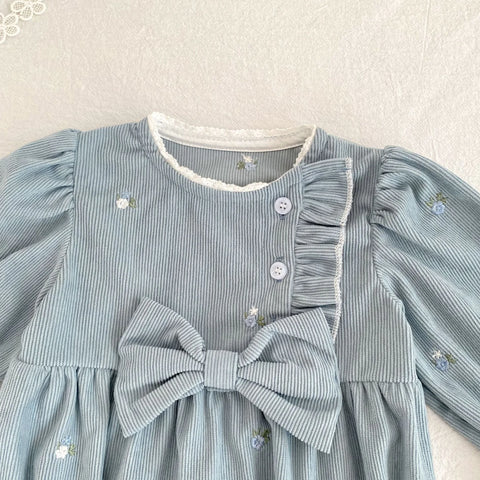 Baby Girl Floral Embroidered Ruffle Bow Bubble Romper