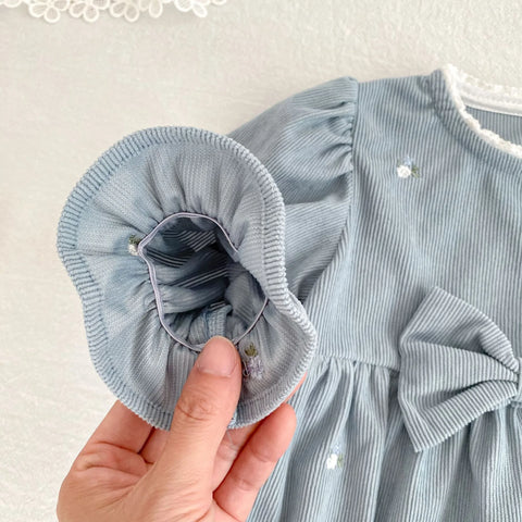 Baby Girl Floral Embroidered Ruffle Bow Bubble Romper