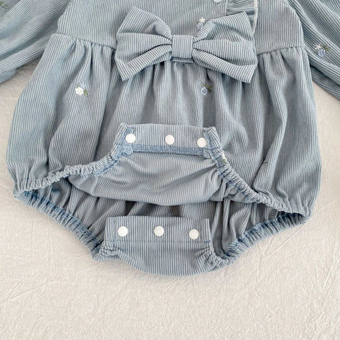 Baby Girl Floral Embroidered Ruffle Bow Bubble Romper