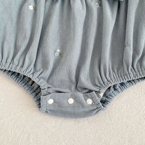 Baby Girl Floral Embroidered Ruffle Bow Bubble Romper