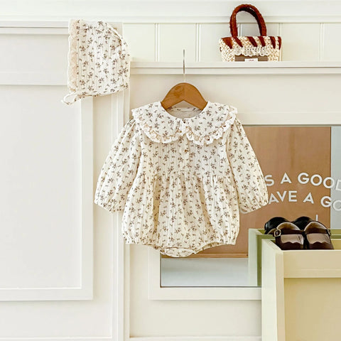 2 Pc Baby Girl Floral Print Lace Collar Bubble Bodysuit with Bonnet