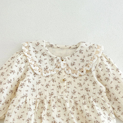 2 Pc Baby Girl Floral Print Lace Collar Bubble Bodysuit with Bonnet
