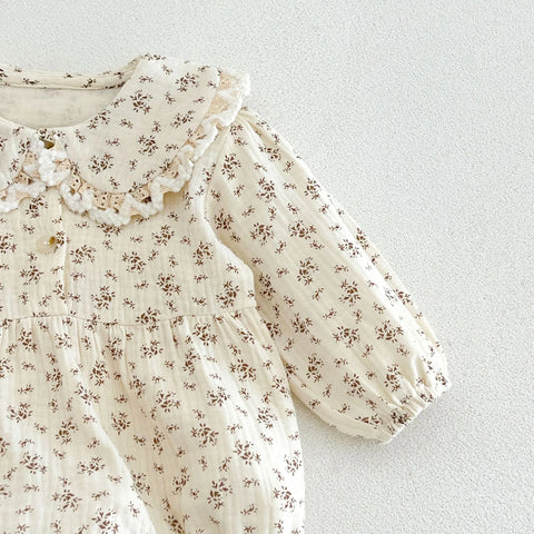 2 Pc Baby Girl Floral Print Lace Collar Bubble Bodysuit with Bonnet