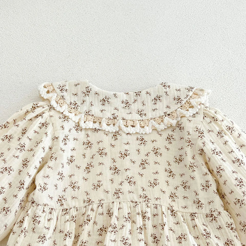 2 Pc Baby Girl Floral Print Lace Collar Bubble Bodysuit with Bonnet