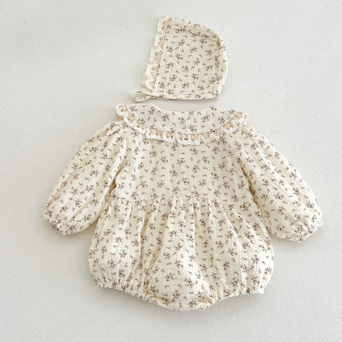 2 Pc Baby Girl Floral Print Lace Collar Bubble Bodysuit with Bonnet