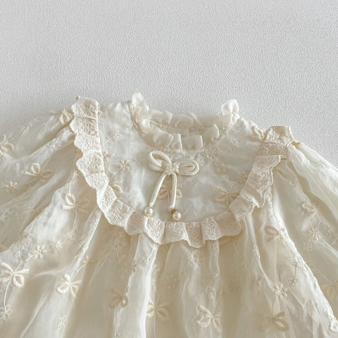 Baby Girl Pearl Bow Embroidered Bodysuit Dress