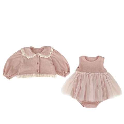 2 Pc Baby Girl Lace Trim Cardigan & Tulle Bodysuit Set