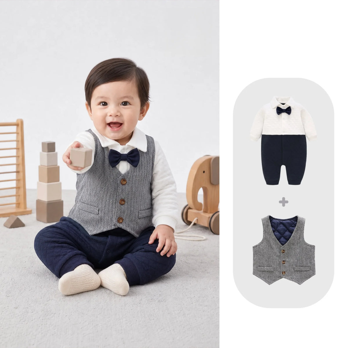 2 Pc Baby Boy Herringbone Vest & Bow Tie Romper Set