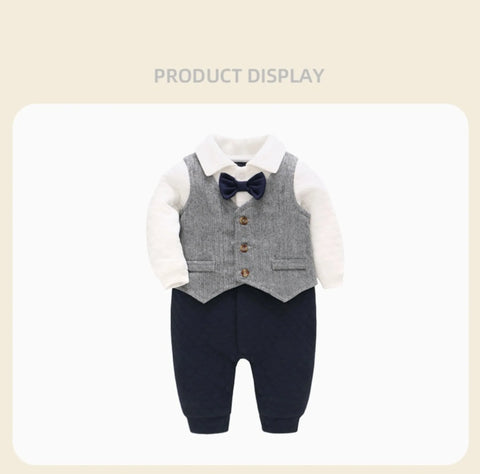 2 Pc Baby Boy Herringbone Vest & Bow Tie Romper Set