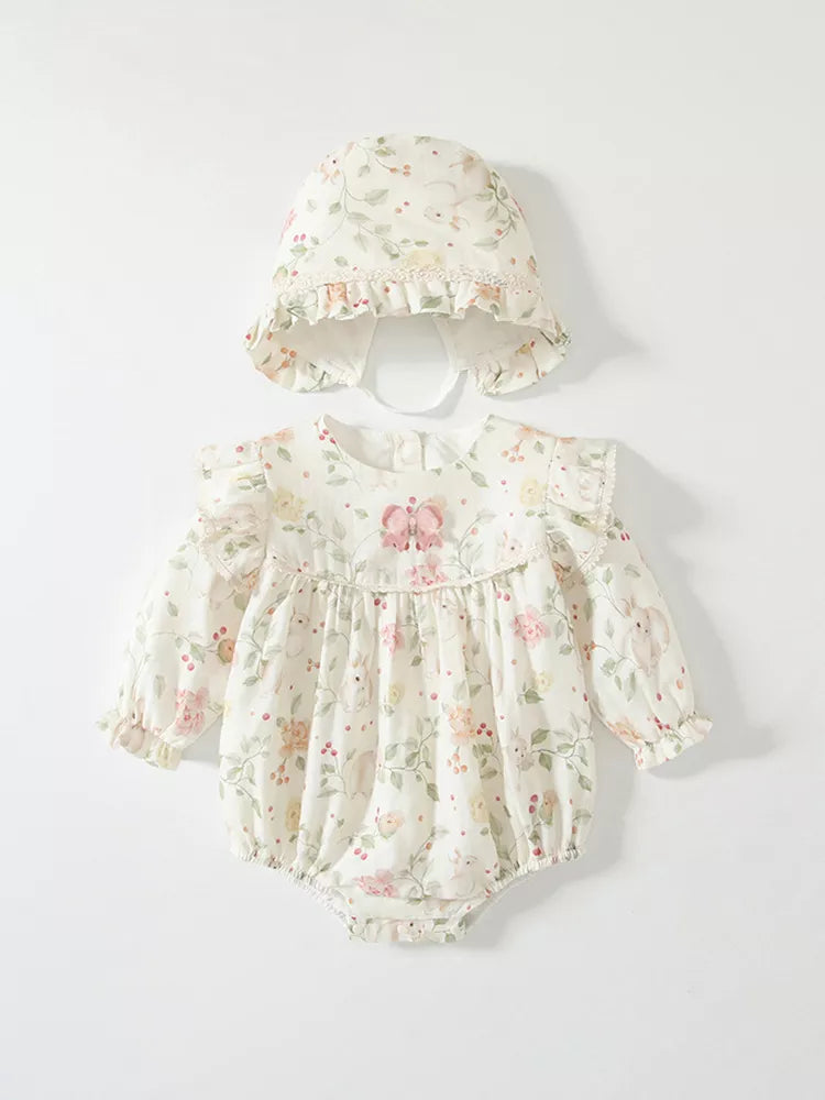 2 Pc Baby Girl Spring Flower Bunny Print Bodysuit
