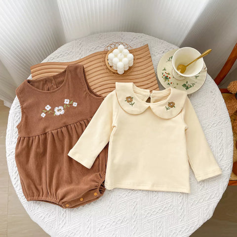 2 Pc Baby Girl Flower Emb Bodysuit Set