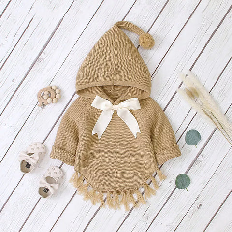 Baby Girls Shawl Fringe Style Hooded Sweater