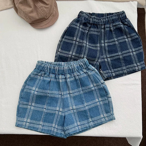 Boys Wide Denim Plaid Shorts
